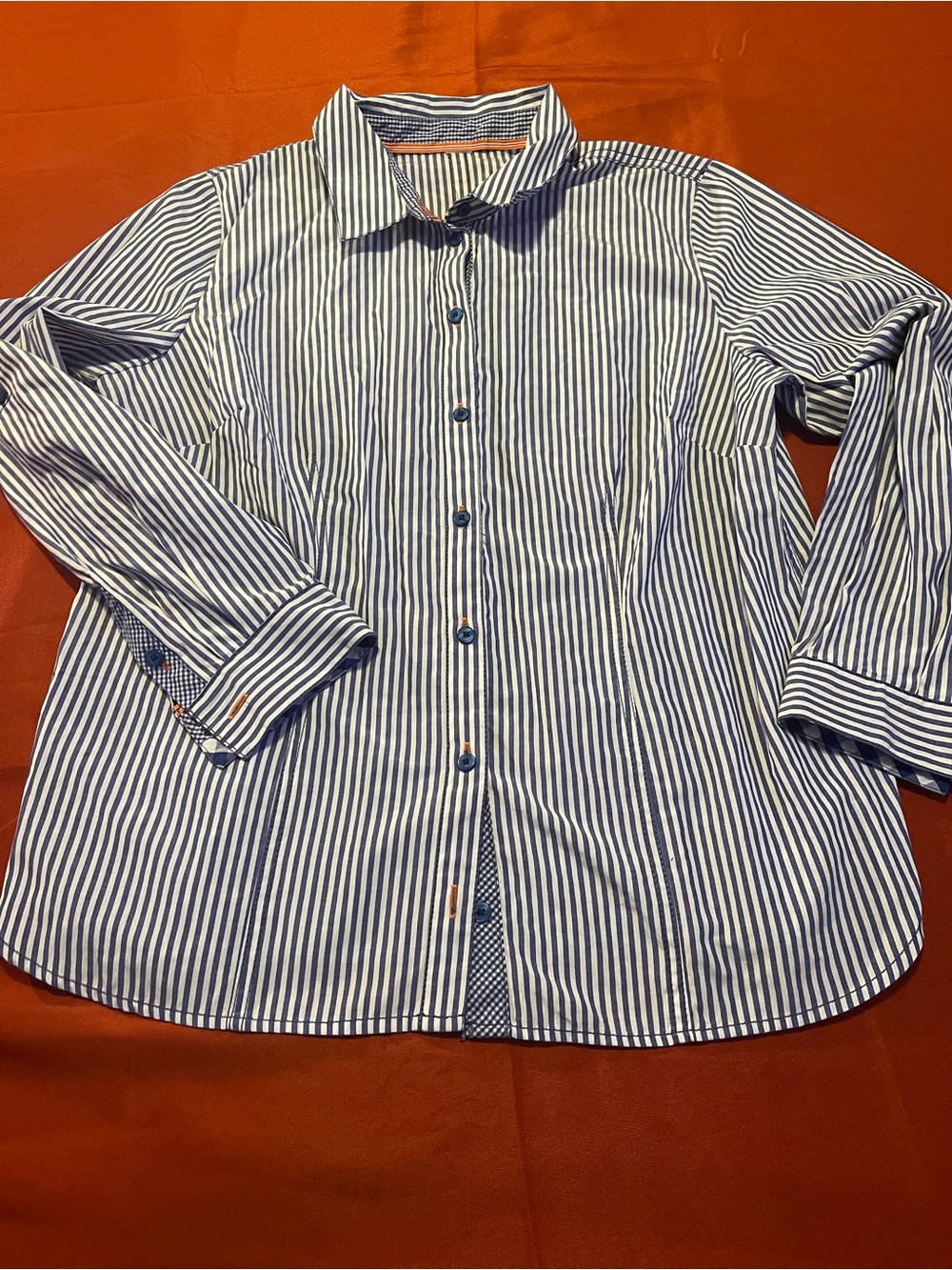 Blue and White Tailored Vertical Stripe Button-Down Shirt - Women's
